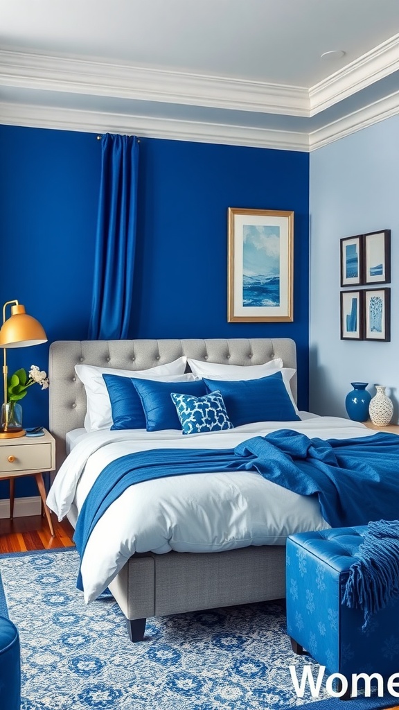 A stylish blue bedroom featuring bold cobalt blue walls, a gray upholstered bed with blue bedding, and artistic decor.