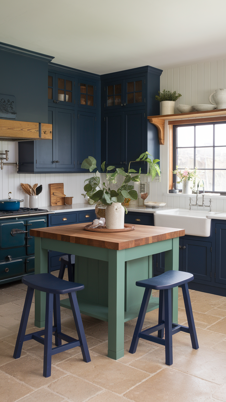A stylish kitchen featuring bold navy and green cabinetry with a wooden island.