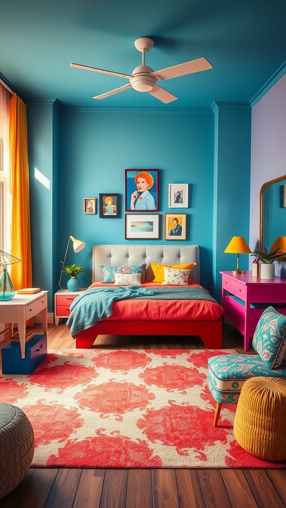 A vibrant bedroom with blue walls, colorful furniture, and a stylish rug