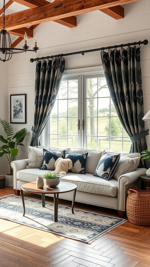 Cozy dark farmhouse living room featuring bold patterned curtains and a light sofa