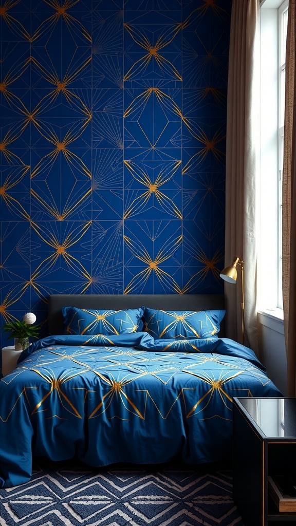 A cozy bedroom with a blue and gold geometric patterned wall and bedding.