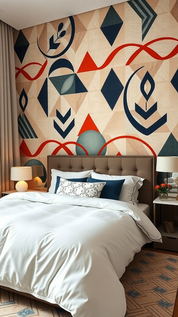 A modern bedroom featuring a geometric patterned wall with bold colors and a cozy bed setup.