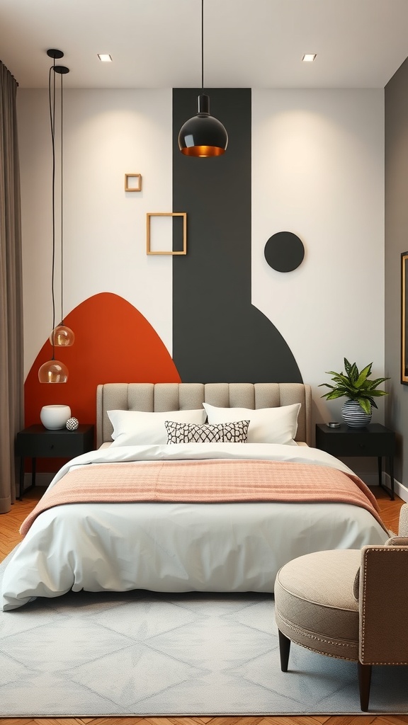 Teenage bedroom featuring bold geometric wall decor with a cozy bed and modern furniture.