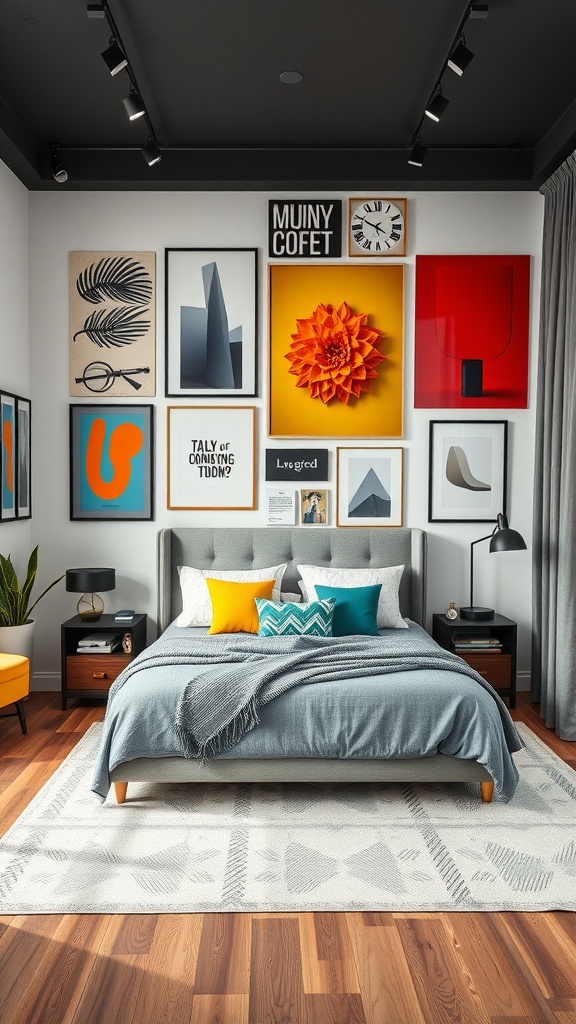 A modern girls' bedroom featuring a bed with colorful pillows and a wall adorned with various bold graphic prints.