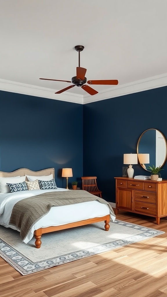 Cozy bedroom with a bold navy blue accent wall, wooden furniture, and inviting decor.