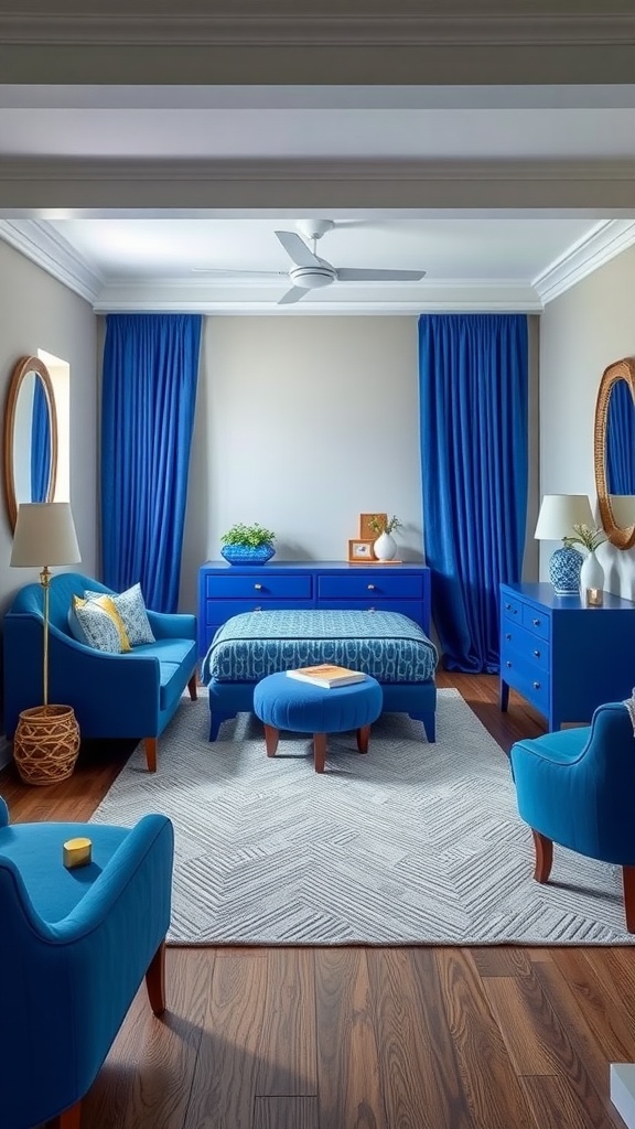 A cozy blue-themed living space featuring royal blue furniture, curtains, and a decorative rug.