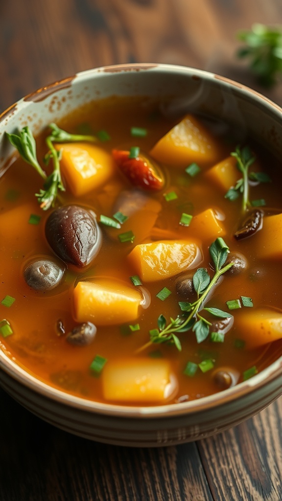 A bowl of colorful bone broth filled with vegetables and herbs