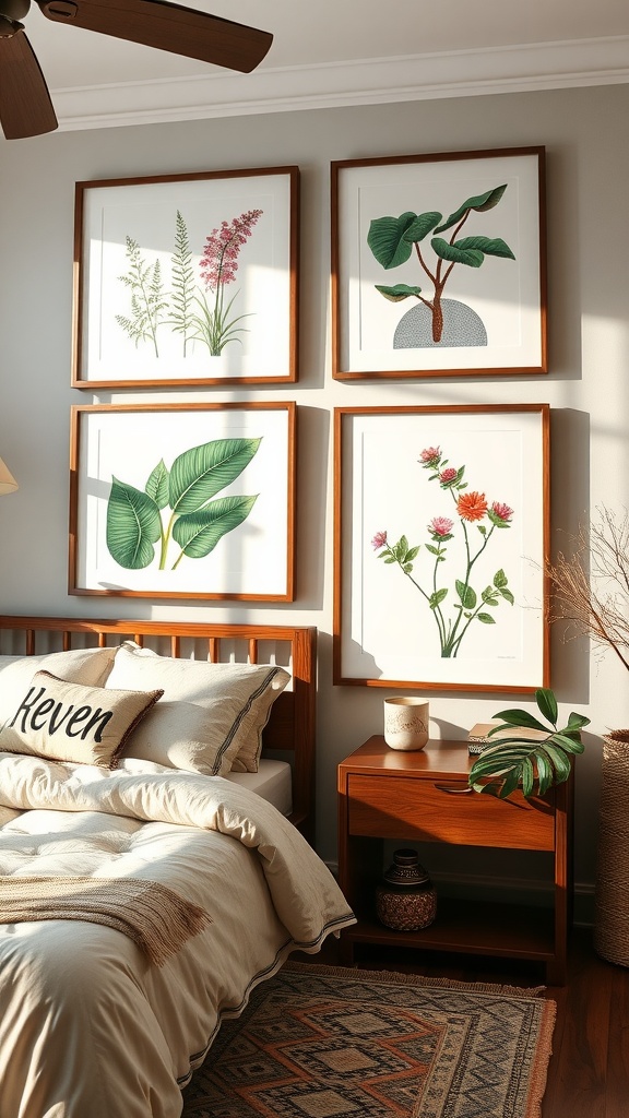 A cozy bedroom featuring framed botanical prints on the wall above a bed with white bedding.
