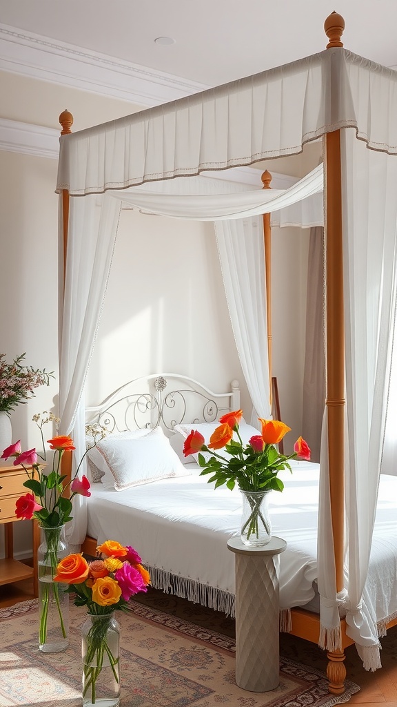 A cozy boho bedroom featuring a canopy bed and colorful flower arrangements.