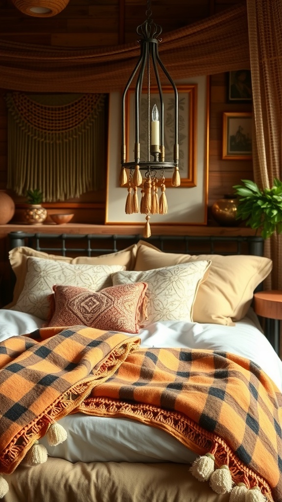A cozy bedroom featuring brass and metal accents, with a unique hanging light and warm textiles.
