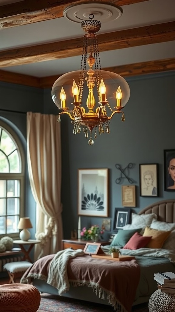 A stylish brass chandelier with a glass dome hanging in a boho-inspired bedroom, featuring warm lighting and cozy decor.