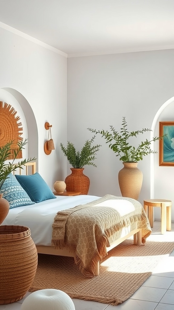 A bright and airy Mediterranean-style bedroom featuring a bed with blue pillows, natural fiber decor, and greenery.