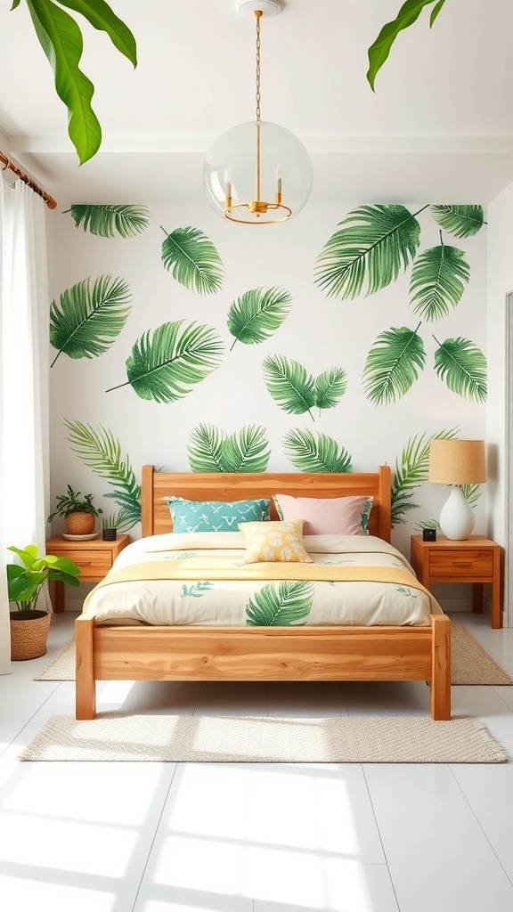 A bright and airy bedroom featuring palm leaf prints on the wall, a wooden bed with colorful cushions, and a cozy rug.