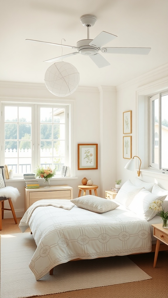 Bright and airy farmhouse basement bedroom with pastel accents and natural light