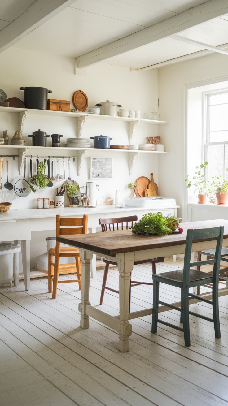 Bright kitchen with whitewashed wood flooring and rustic elements like a wooden table and colorful chairs.