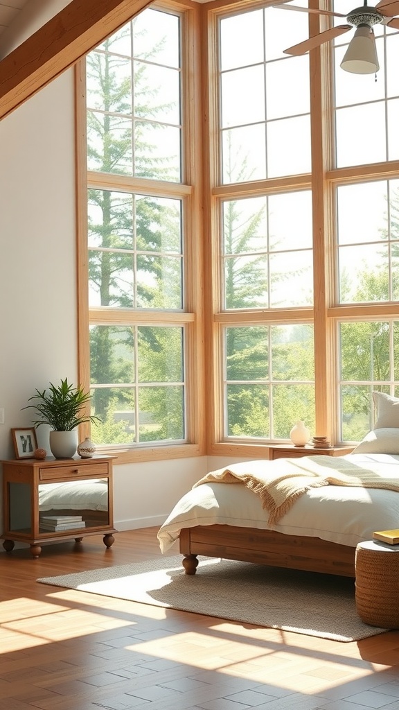 Bright bedroom with large windows and wooden elements, showcasing modern farmhouse interior design.