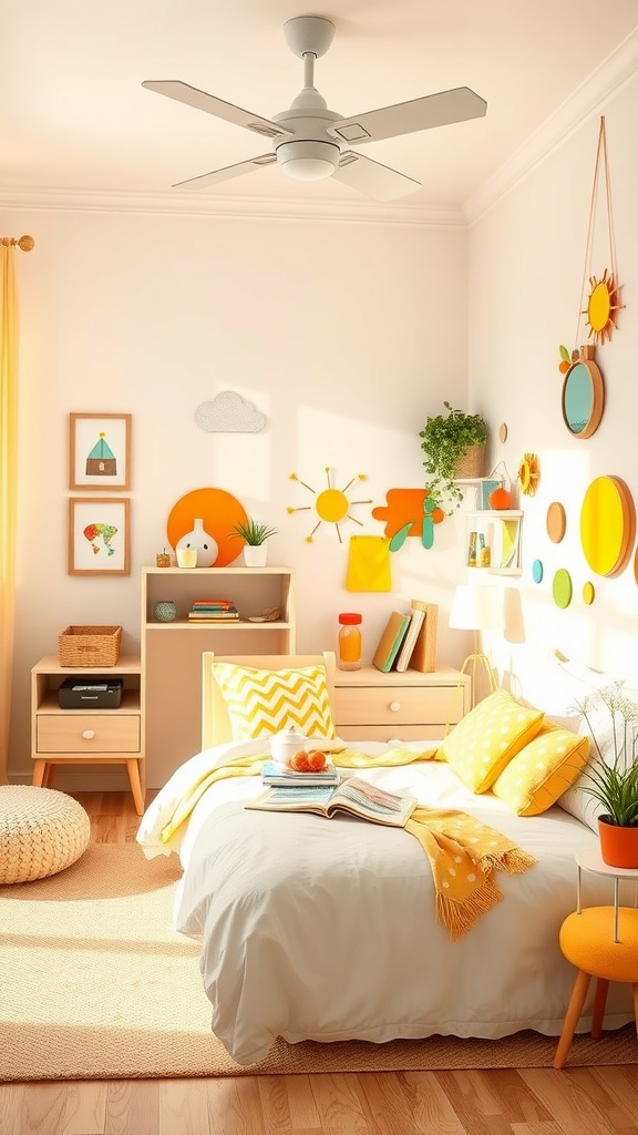 Bright and cheerful teenage bedroom with yellow and white decor, featuring playful wall art and a cozy reading nook.
