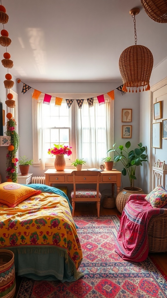 A colorful boho-style bedroom featuring a vibrant bedspread, patterned rug, and cheerful decorations.