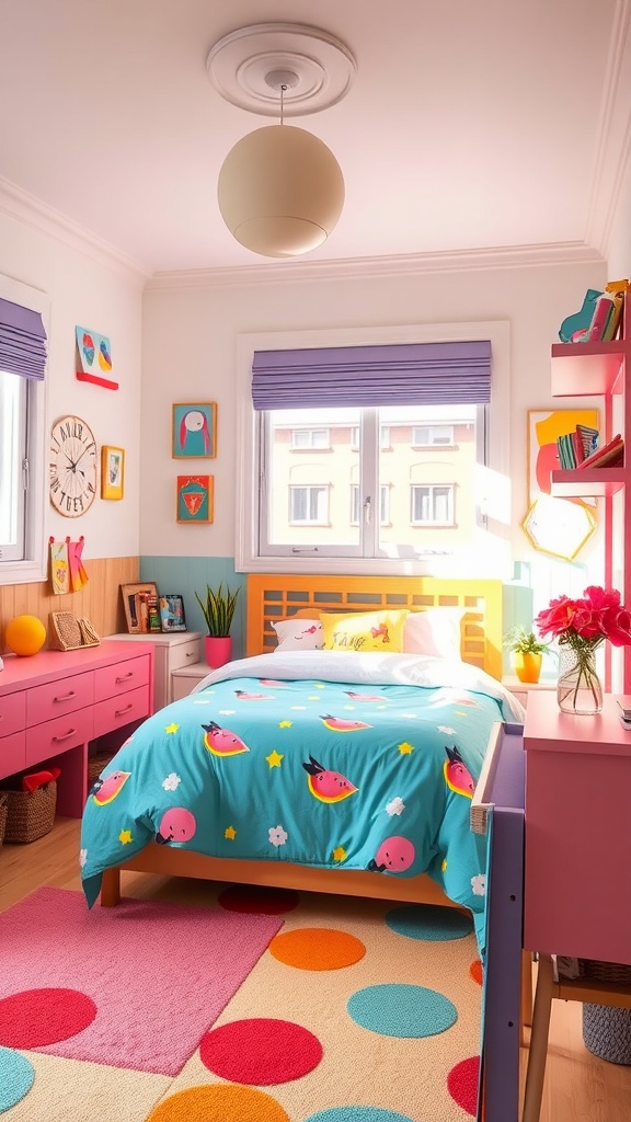 A bright and cheerful bedroom for a teenager featuring colorful bedding, playful decor, and vibrant furniture.