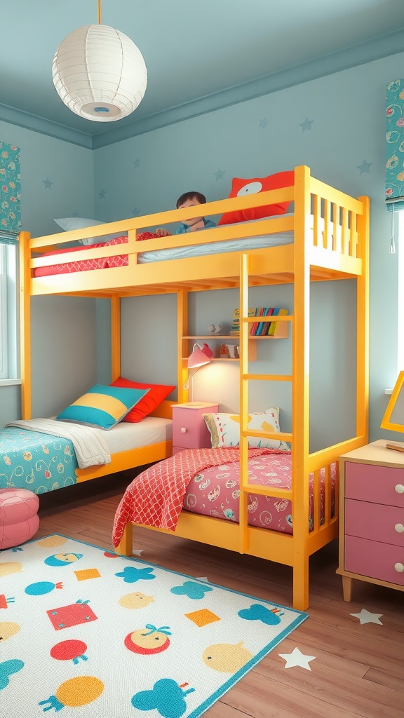 A bright yellow bunk bed in a playful boys' bedroom, featuring colorful bedding and a vibrant rug.