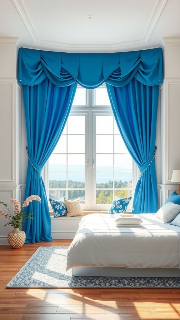 A bright blue window treatment with elegant curtains framing a large window in a bedroom.