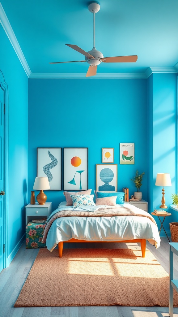 A bright blue bedroom featuring a cozy bed, artistic wall decor, and warm wooden furniture.