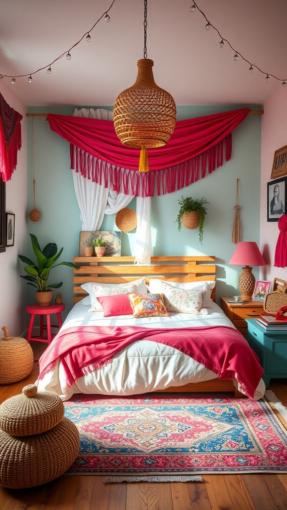 A bright and cheerful Boho style bedroom with pink accents, rattan elements, and greenery.