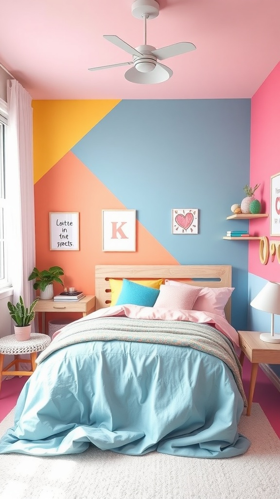 A bright and colorful girls bedroom with color block walls featuring pink, yellow, and blue hues.