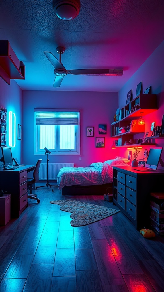 A boy's bedroom decorated with bright neon lights in blue and pink hues, featuring a bed, desk, and shelves.