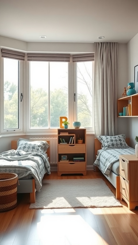 A well-lit twin boys bedroom featuring two beds, a bookshelf, and large windows that bring in natural light.