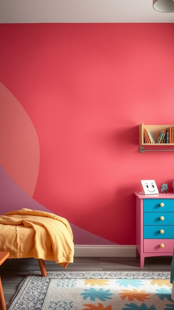 A brightly colored boy's bedroom featuring a pink accent wall, a yellow blanket on the bed, and a colorful dresser.