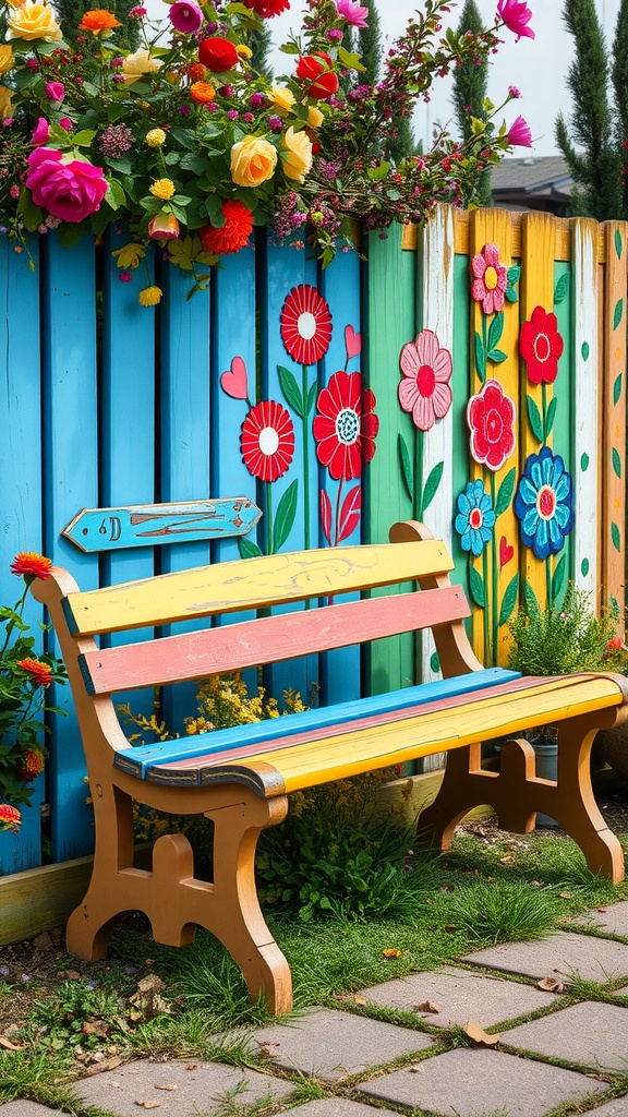 A colorful garden bench in front of a vibrantly painted garden fence adorned with flowers.