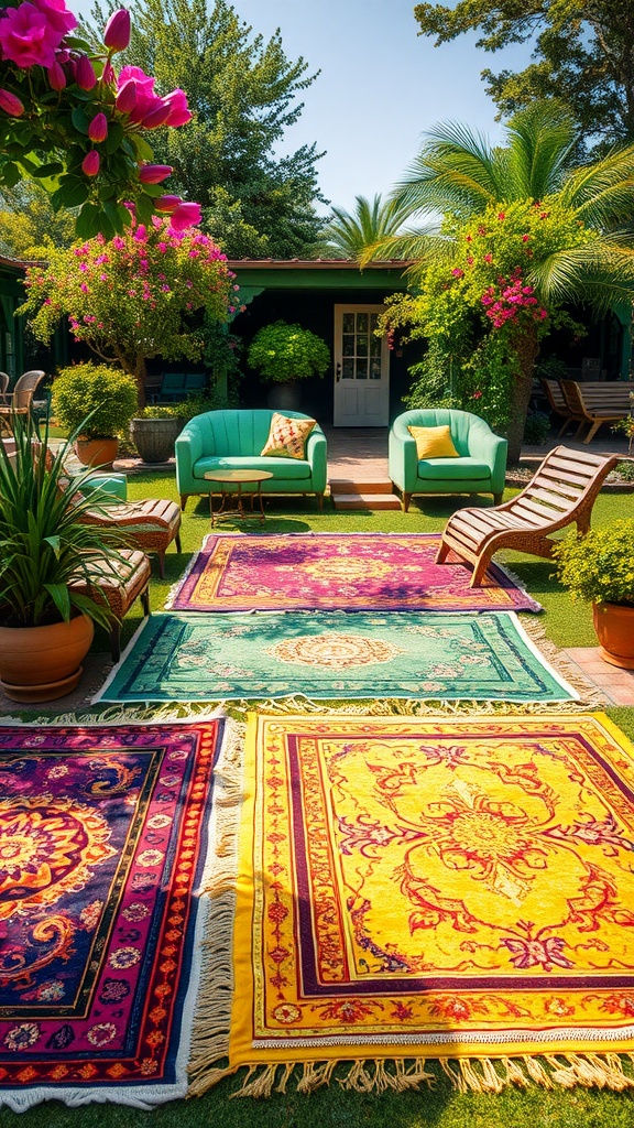 A vibrant garden with brightly colored rugs on the grass, surrounded by plants and flowers.