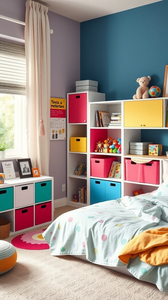 A bright boys bedroom featuring colorful toy storage and playful decor.