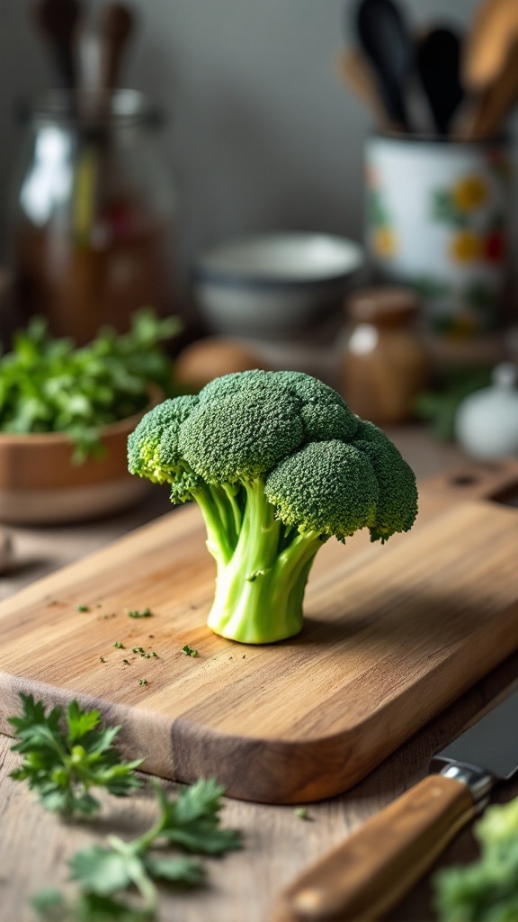 Fresh broccoli on a cutting board with other ingredients