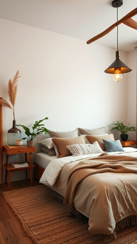 A cozy boho bedroom with a brushed metal pendant light, earth-toned bedding, and plants