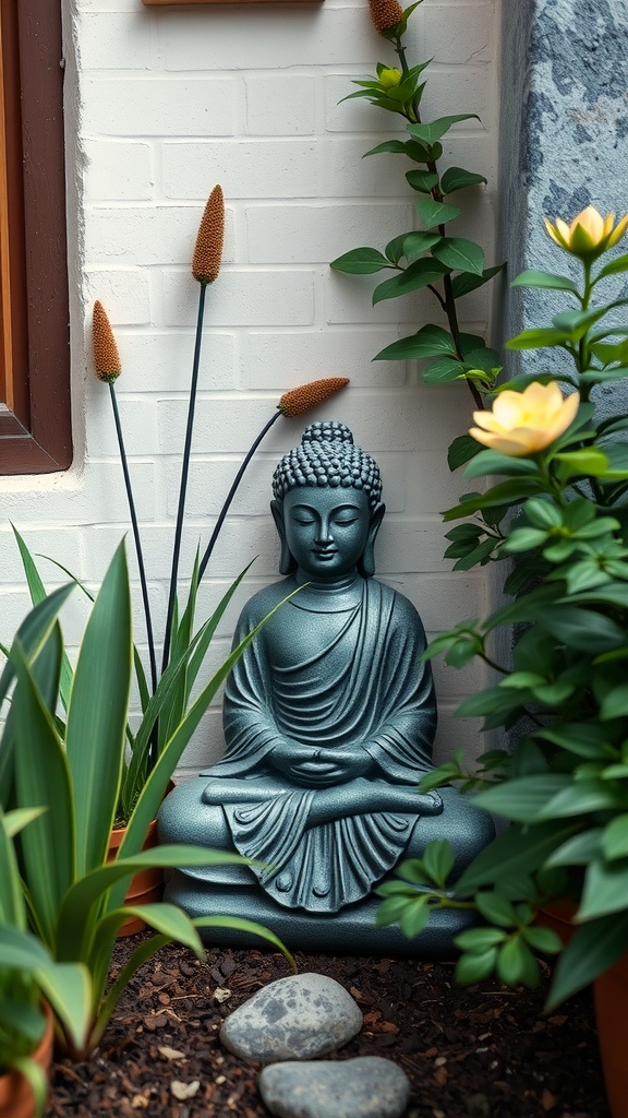 A Buddha statue surrounded by plants and stones in a garden setting.
