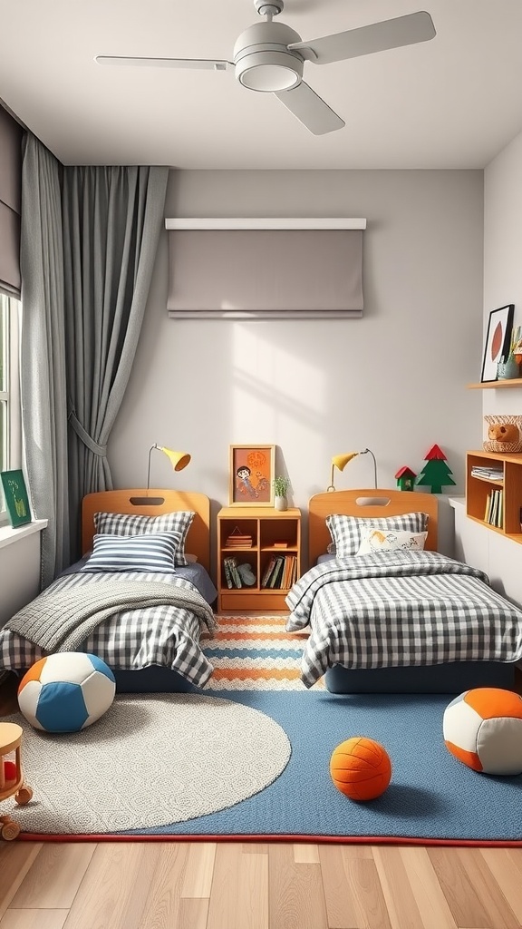 A bright and colorful bedroom designed for twin boys featuring two beds, playful decor, and a safe play area.
