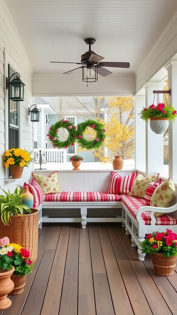 Cozy built-in bench seating on a farmhouse back porch with colorful cushions and flower pots