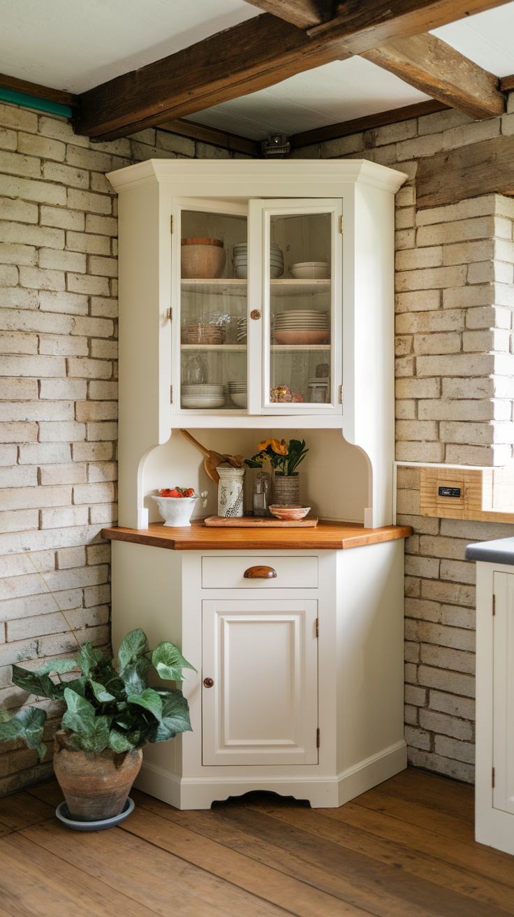 A stylish built-in corner cabinet with glass doors, wooden countertop, and decorative items.