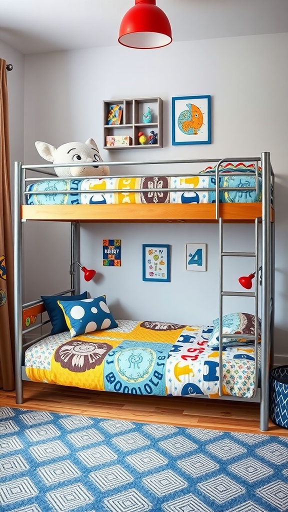 A cozy twin boys bedroom featuring a metal bunk bed with colorful bedding and a vibrant red light fixture.