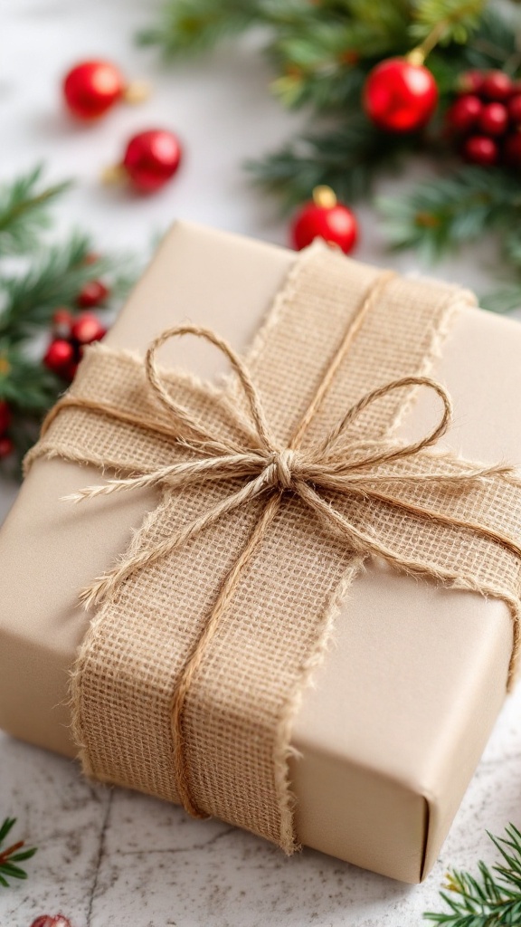 A beautifully wrapped gift in kraft paper with burlap accents, surrounded by festive decorations.