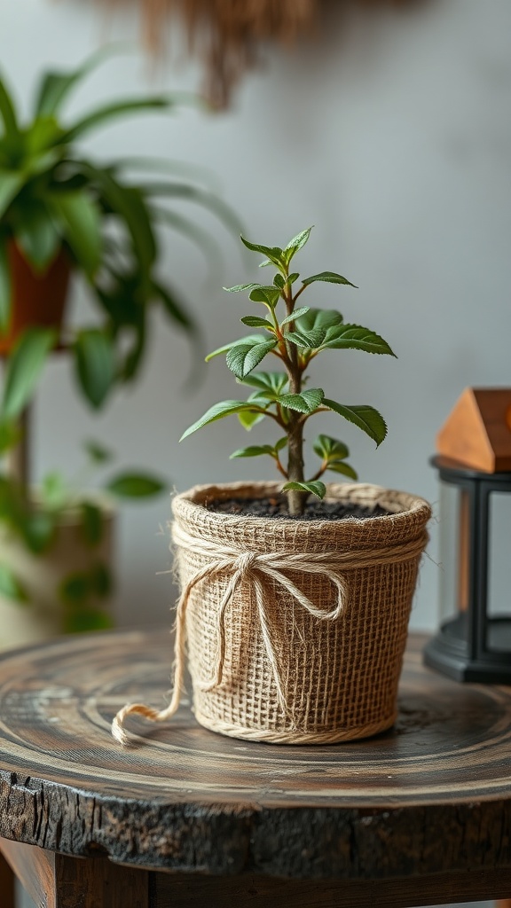 Burlap wrapped planter pot with a small green plant on a wooden table