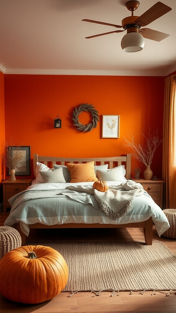Cozy farmhouse bedroom with burnt orange walls and autumn decorations