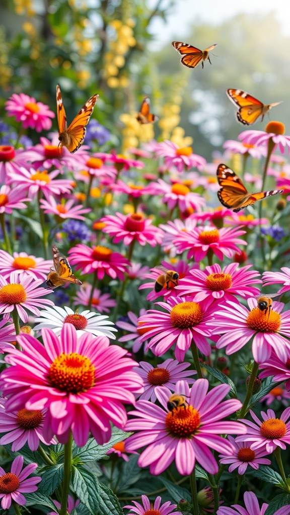 Vibrant flowers with butterflies and bees in a colorful garden