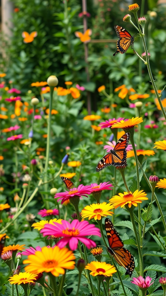 Colorful butterfly garden with pink, yellow, and orange flowers attracting butterflies