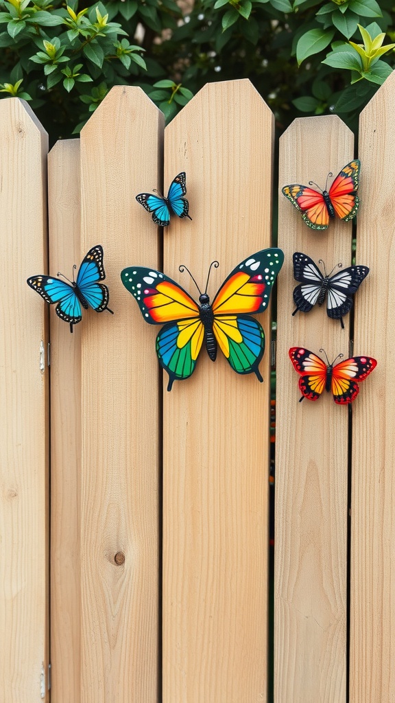 Colorful butterfly decorations attached to a wooden fence