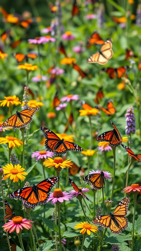 A vibrant butterfly garden filled with colorful flowers and butterflies fluttering around.