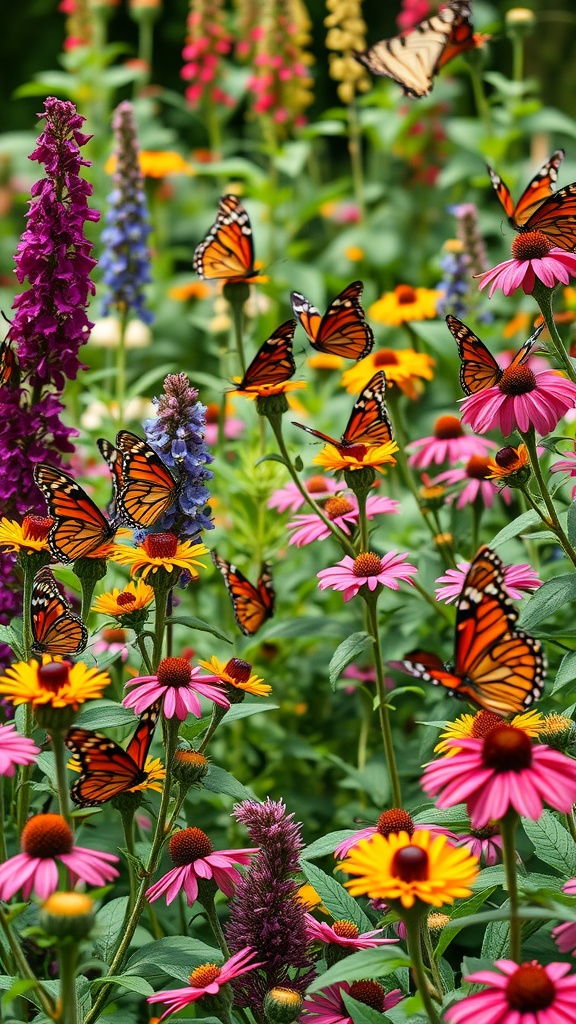 A vibrant butterfly garden filled with colorful flowers and Monarch butterflies.