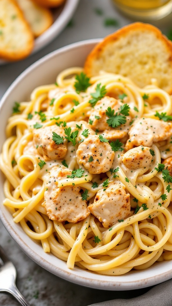 A bowl of Cajun Chicken Alfredo Pasta topped with parsley and a slice of garlic bread.